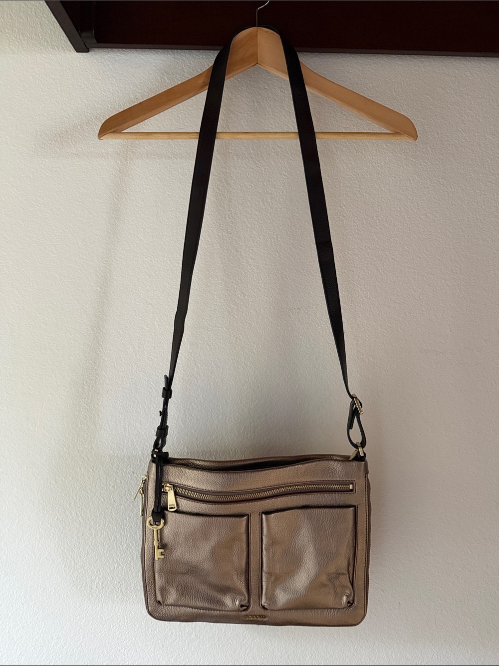Fossil Metallic Pewter Brown Leather Crossbody Bag, Compression Zipper